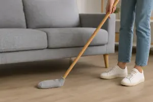 Ramazzare sotto i mobili senza sforzo: il trucco del calzino sulla scopa